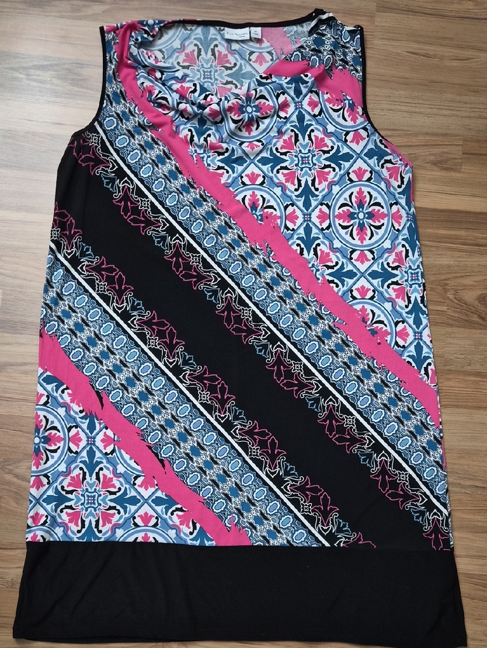 Kim Rogers Curvy Sleeveless Tile Floral Top — Pink, Blue & Black